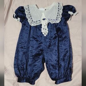 Beauti Edge Navy Velvet Lace Collar Baby Romper Size 3–6 Months